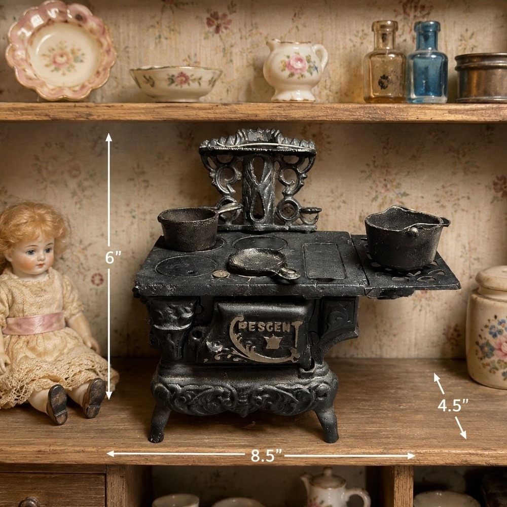 Vintage Crescent Cast Iron Miniature Salesman Sample Stove w Accessories Black